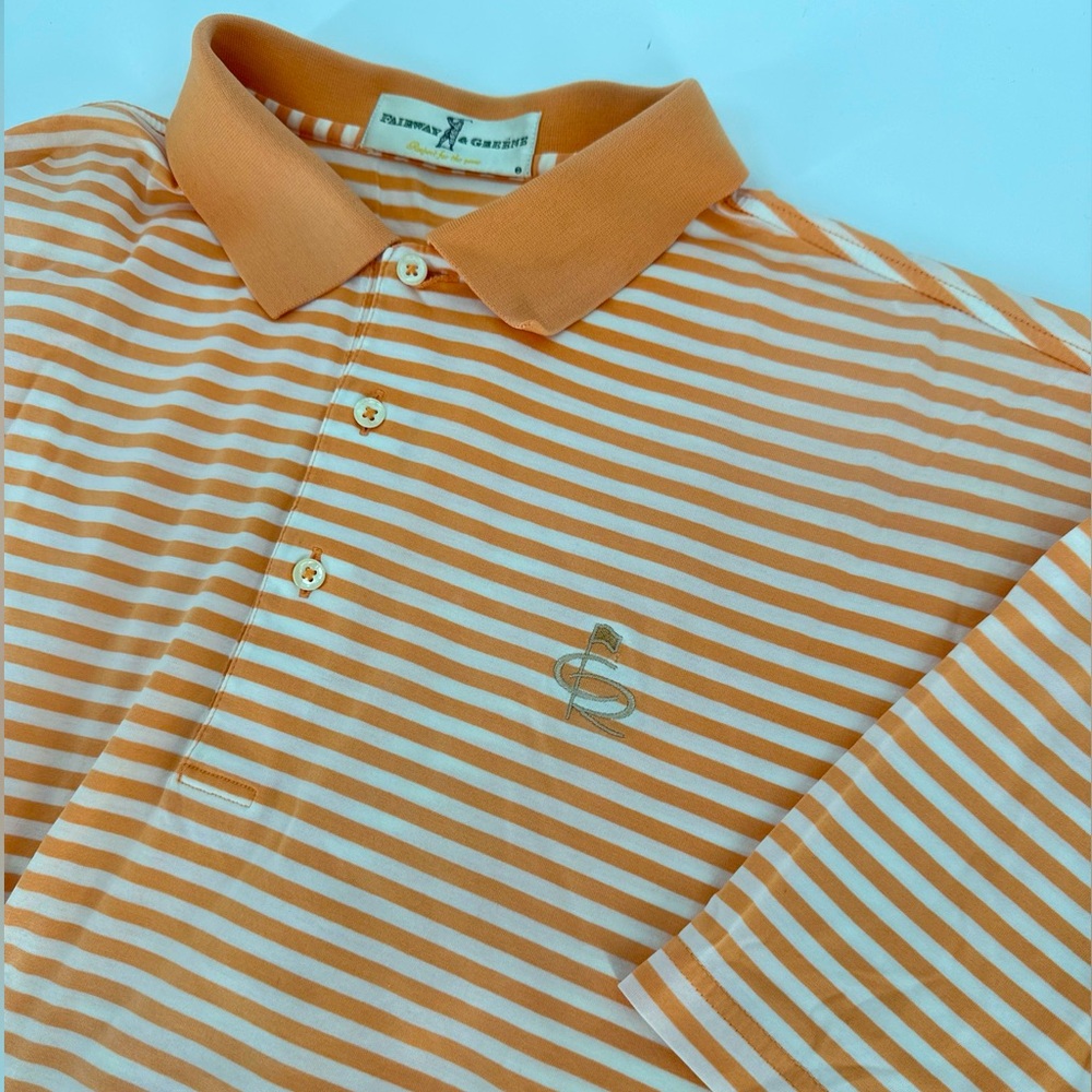 Fairway & Greene Golf Polo Shirt‎ Men's L Peach White Striped Champions Retreat